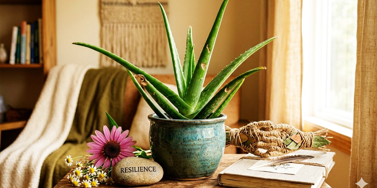 Aloe plant with resilience stone and journal — hope and healing